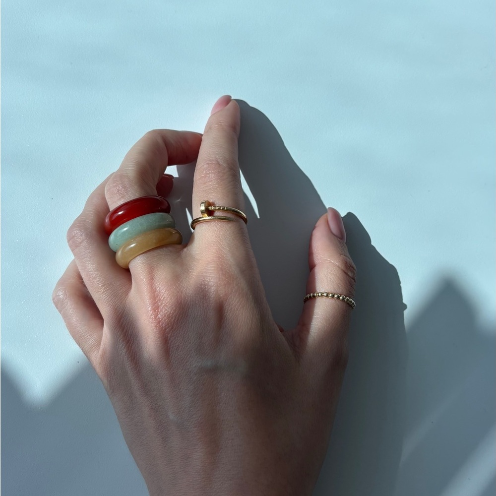 Stone Trilogy Stack Yellow Jade Red Agate Aventurine Ring Set Of 3 Bands, Size 7 - Picture 3 of 9